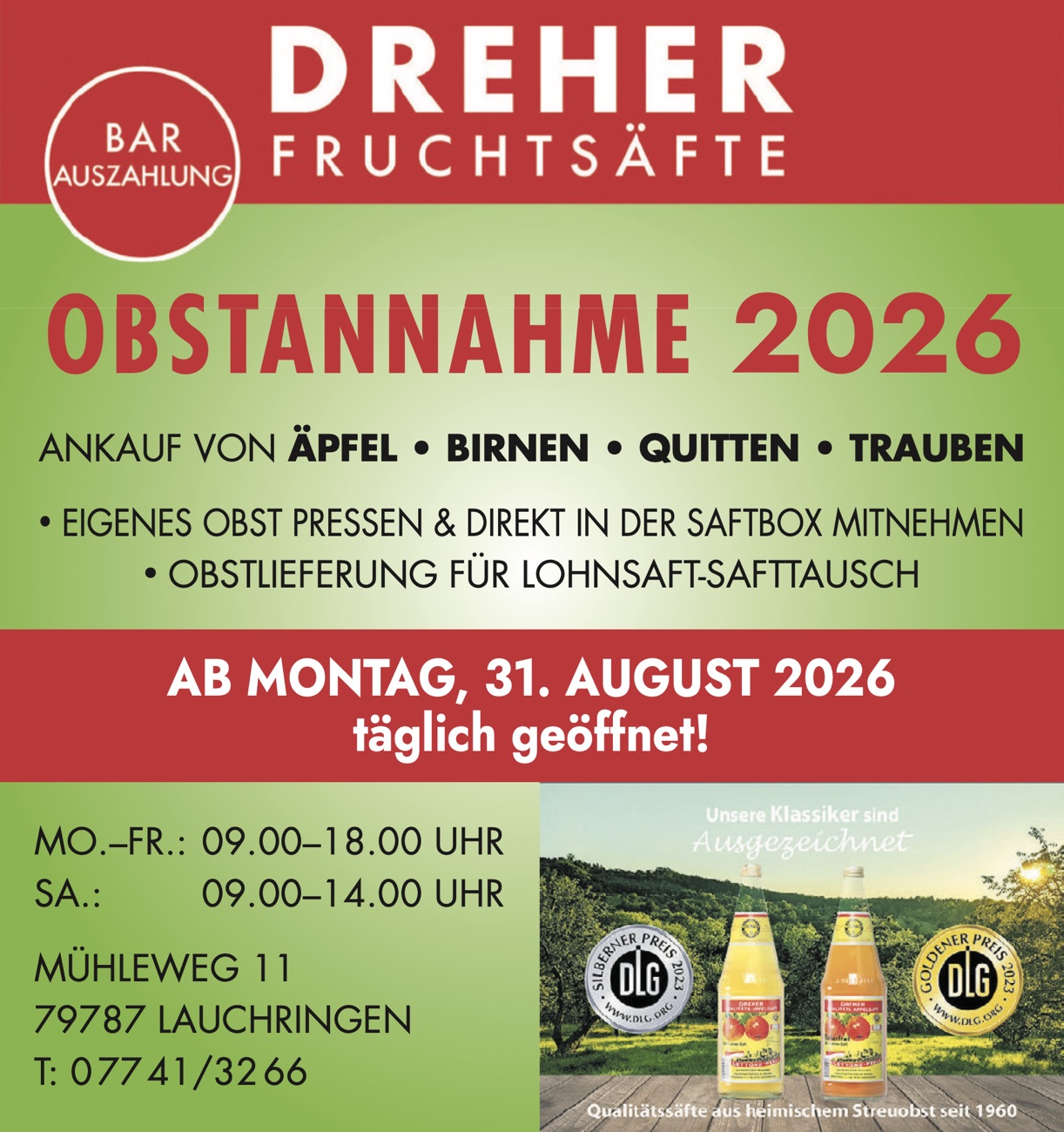 Plakat der Obstannahme 2026 der Dreher Fruchtsäfte: Ankauf von Äpfeln, Birnen, Quitten und Trauben, ab Montag 31. August 2026 täglich geöffnet.